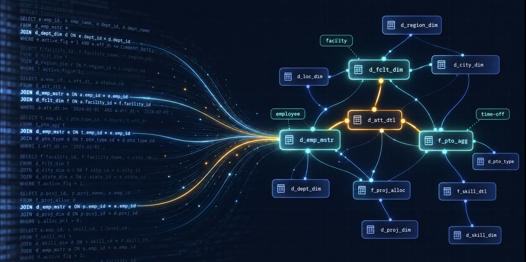 Query logs flowing into a join graph of cryptic warehouse tables tagged with business entities